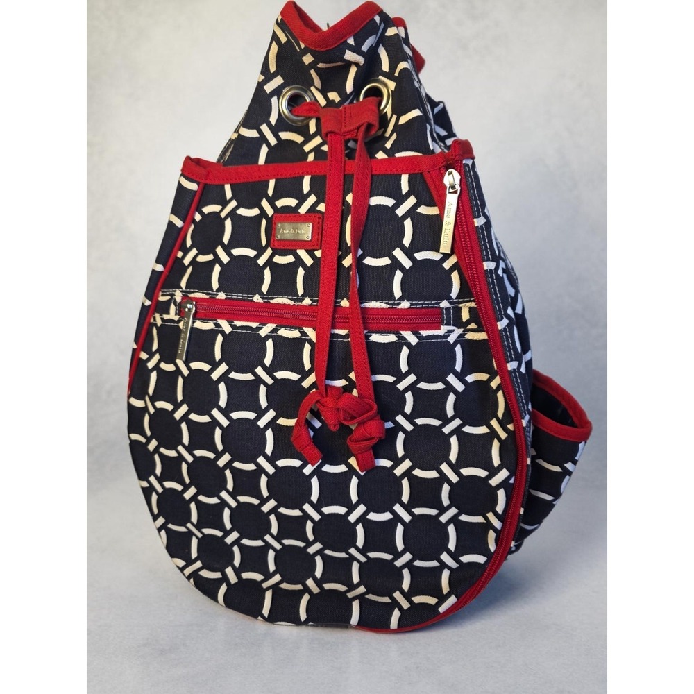Ame & Lulu Tennis Backpack Red Navy Geometric Canvas Drawstring Large Tenniscore